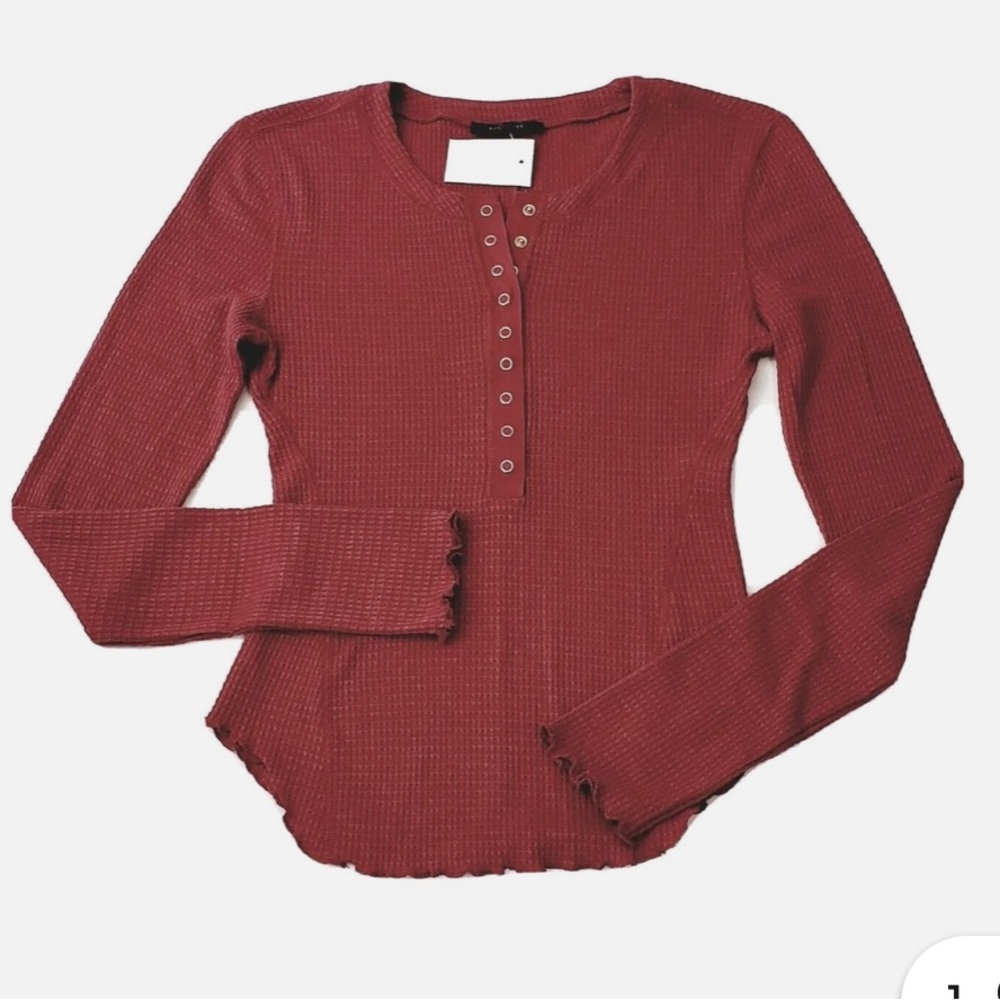 Waffle-Knit Long Sleeve Henley Top - Mauve